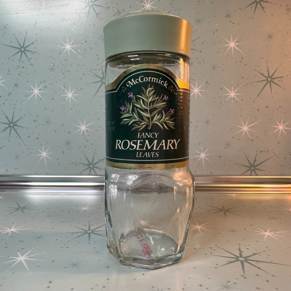Vintage McCormick Fancy Rosemary Leaves Jar Green Label Glass Spice Bottle Retro